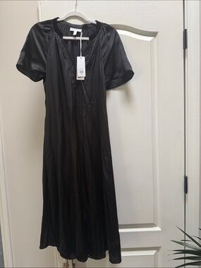 Black Satin Midi Dress with Silk-Velvet Trim & Short Puff Sleeves - Women
